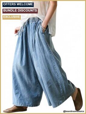 Wide Leg Baggy Jeans Elastic Waist Denim Pants Deep Pockets